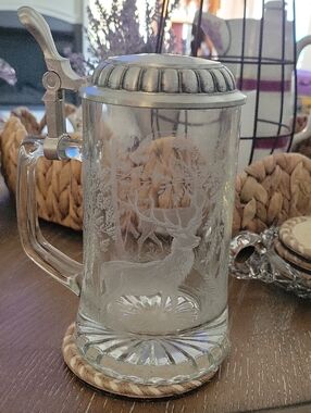 Vintage Domex Etched Glass Beer Stein with Pewter Lid - Deer Forest Motif